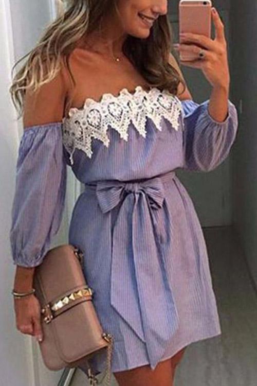 Wholesale Blue Off The Shoulder 3/4 Sleeve Length Stripe Lace Self-Tie Sexy Dress