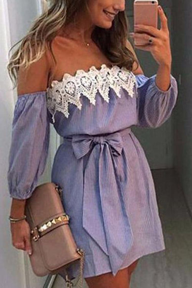 Wholesale Blue Off The Shoulder 3/4 Sleeve Length Stripe Lace Self-Tie Sexy Dress