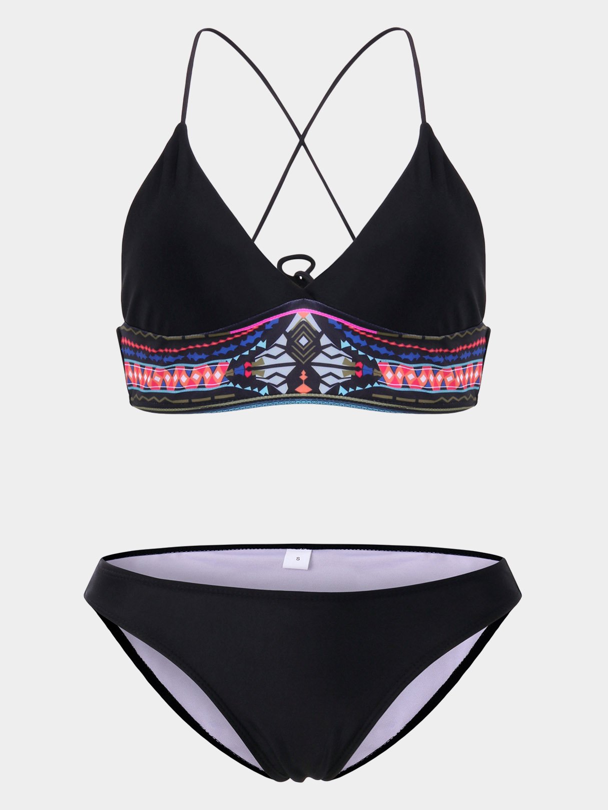 Wholesale V-Neck Geometrical Lace-Up Wireless Sleeveless Black Bikini Set