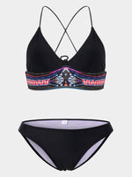 Wholesale V-Neck Geometrical Lace-Up Wireless Sleeveless Black Bikini Set