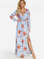 Wholesale Blue Deep V Neck Long Sleeve Floral Print Wrap Slit Hem Dresses
