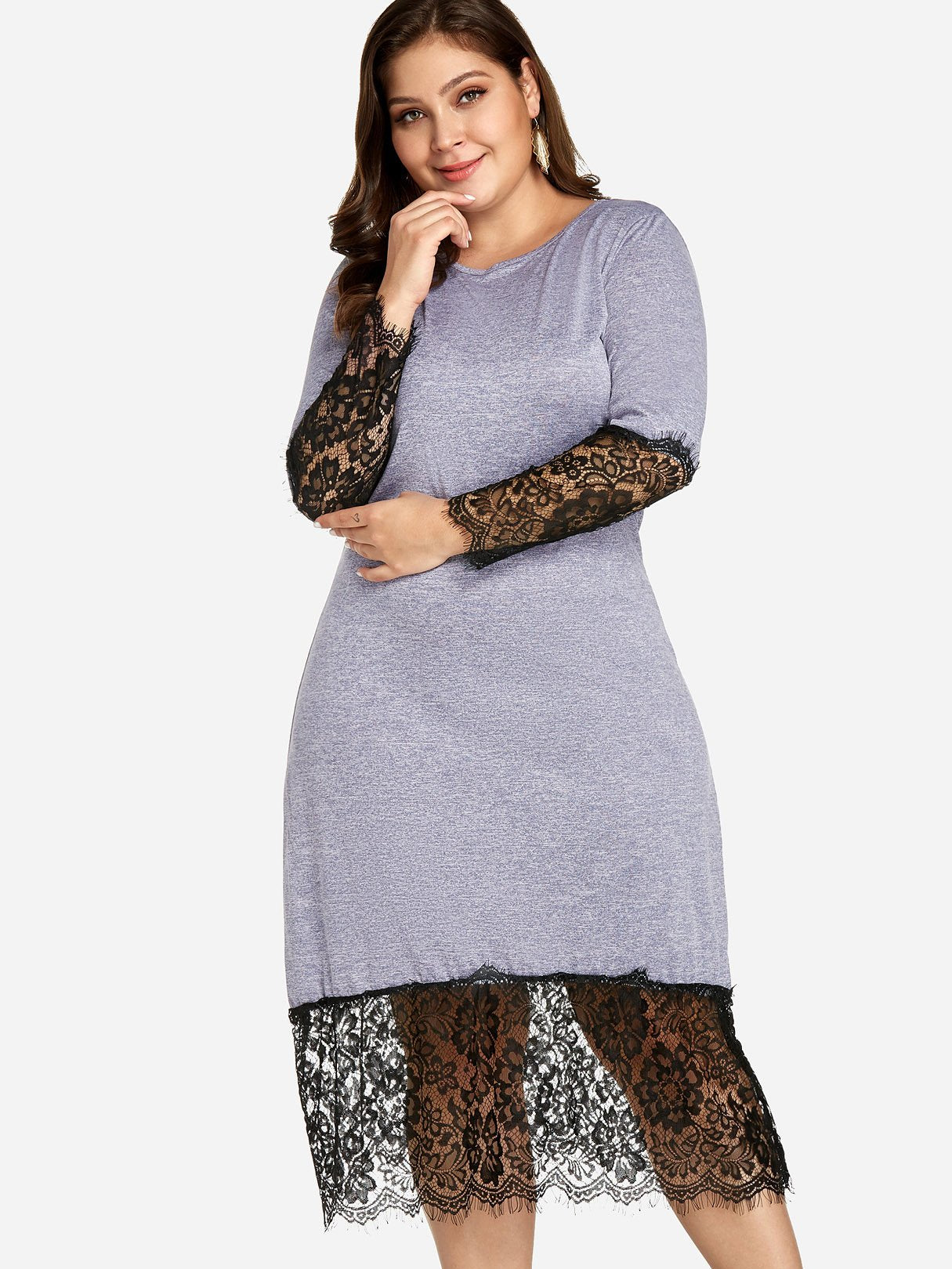 Wholesale Round Neck Plain Lace Long Sleeve Grey Plus Size Dress