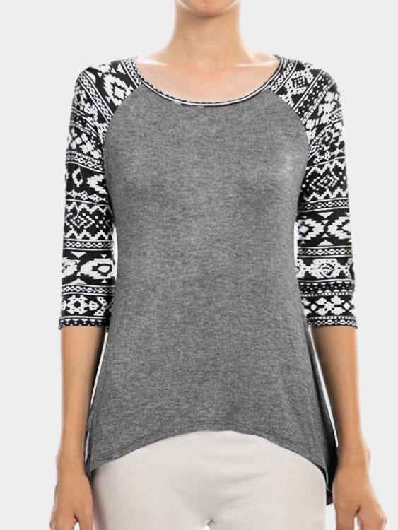 Wholesale Round Neck 3/4 Sleeve Curved Hem Dark Grey T-Shirts