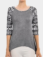 Wholesale Round Neck 3/4 Sleeve Curved Hem Dark Grey T-Shirts