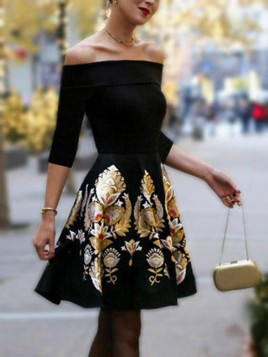Wholesale Black Off The Shoulder 3/4 Sleeve Length Floral Print Ruffle Hem Mini Dress