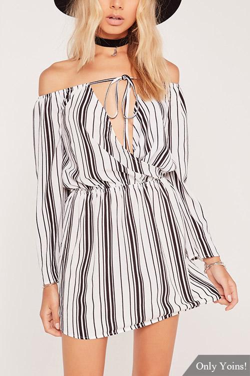 Wholesale Off The Shoulder Long Sleeve Stripe Wrap Mini Dress