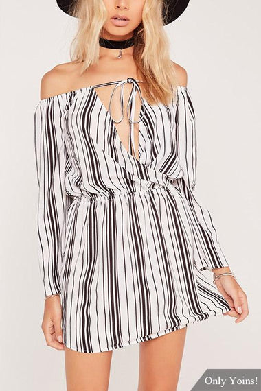 Wholesale Off The Shoulder Long Sleeve Stripe Wrap Mini Dress