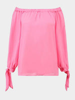Wholesale Cerulean Off The Shoulder Sleeves Side Slit Chiffon Blouse