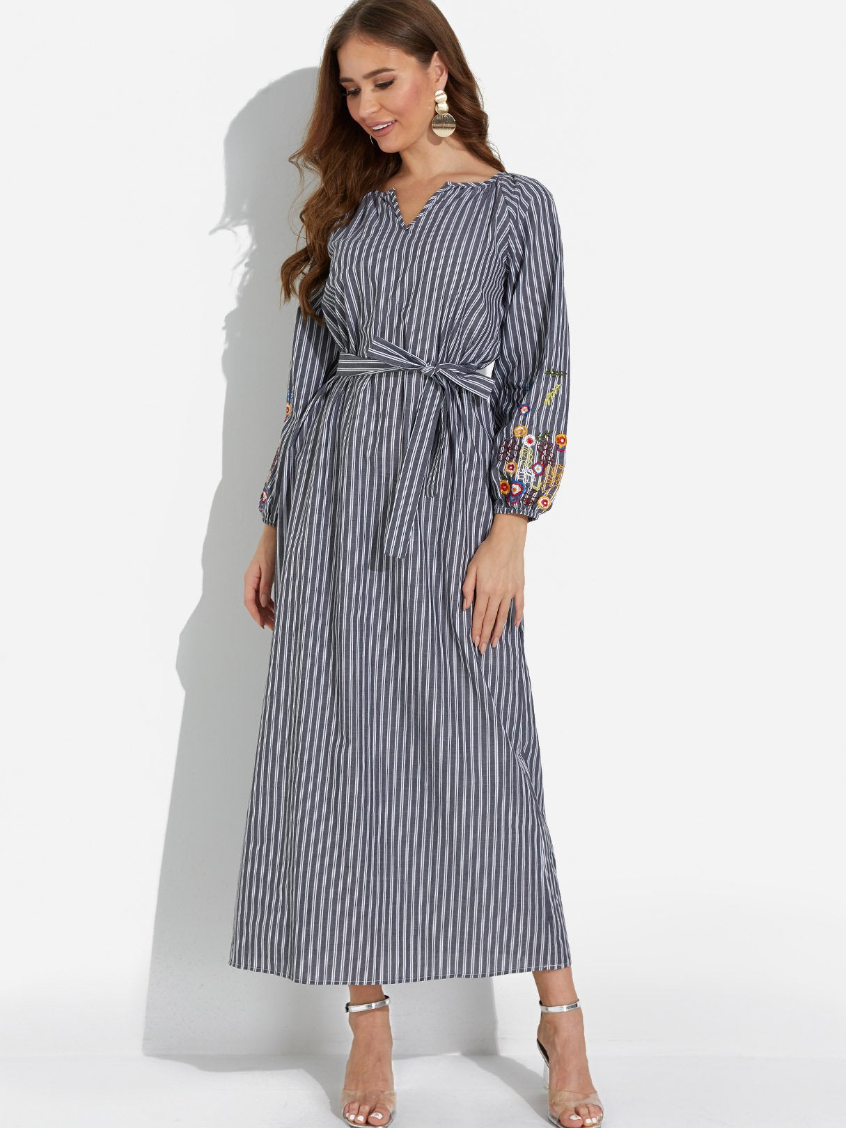 Wholesale Grey V-Neck Long Sleeve Embroidered Self-Tie Maxi Dress