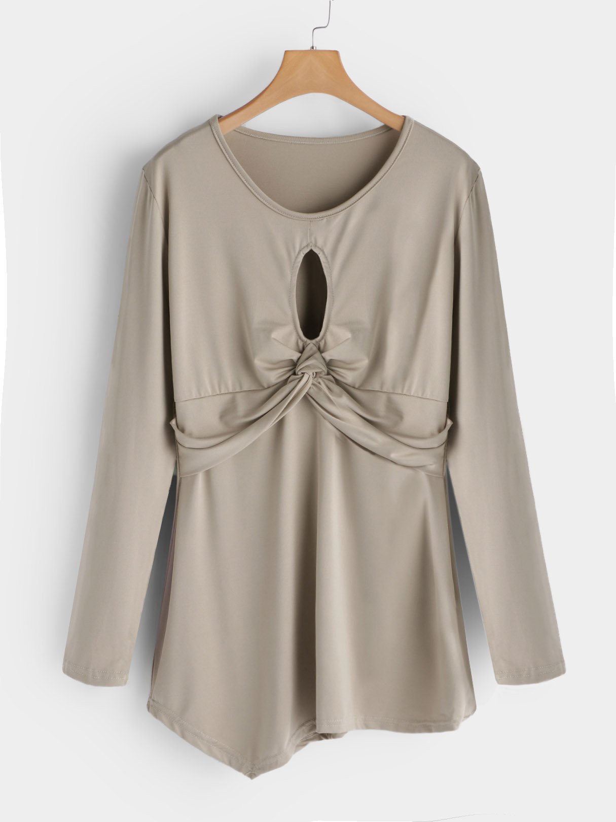 Wholesale Round Neck Cut Out Pleated Long Sleeve Irregular Hem Khaki T-Shirts