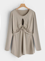 Wholesale Round Neck Cut Out Pleated Long Sleeve Irregular Hem Khaki T-Shirts