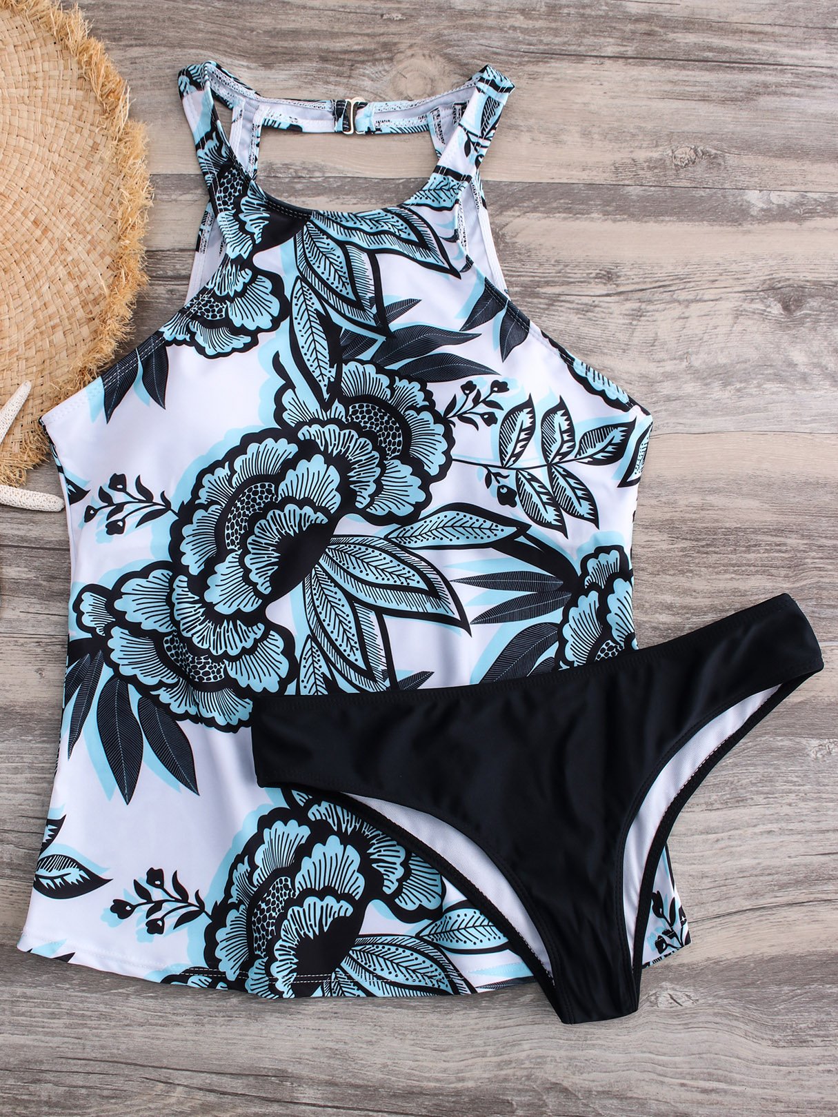 Wholesale Round Neck Halter Floral Print Backless Blue Tankinis
