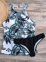 Wholesale Round Neck Halter Floral Print Backless Blue Tankinis