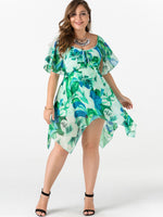 Wholesale V-Neck Floral Print Lace-Up Short Sleeve Irregular Hem Plus Size Dresses