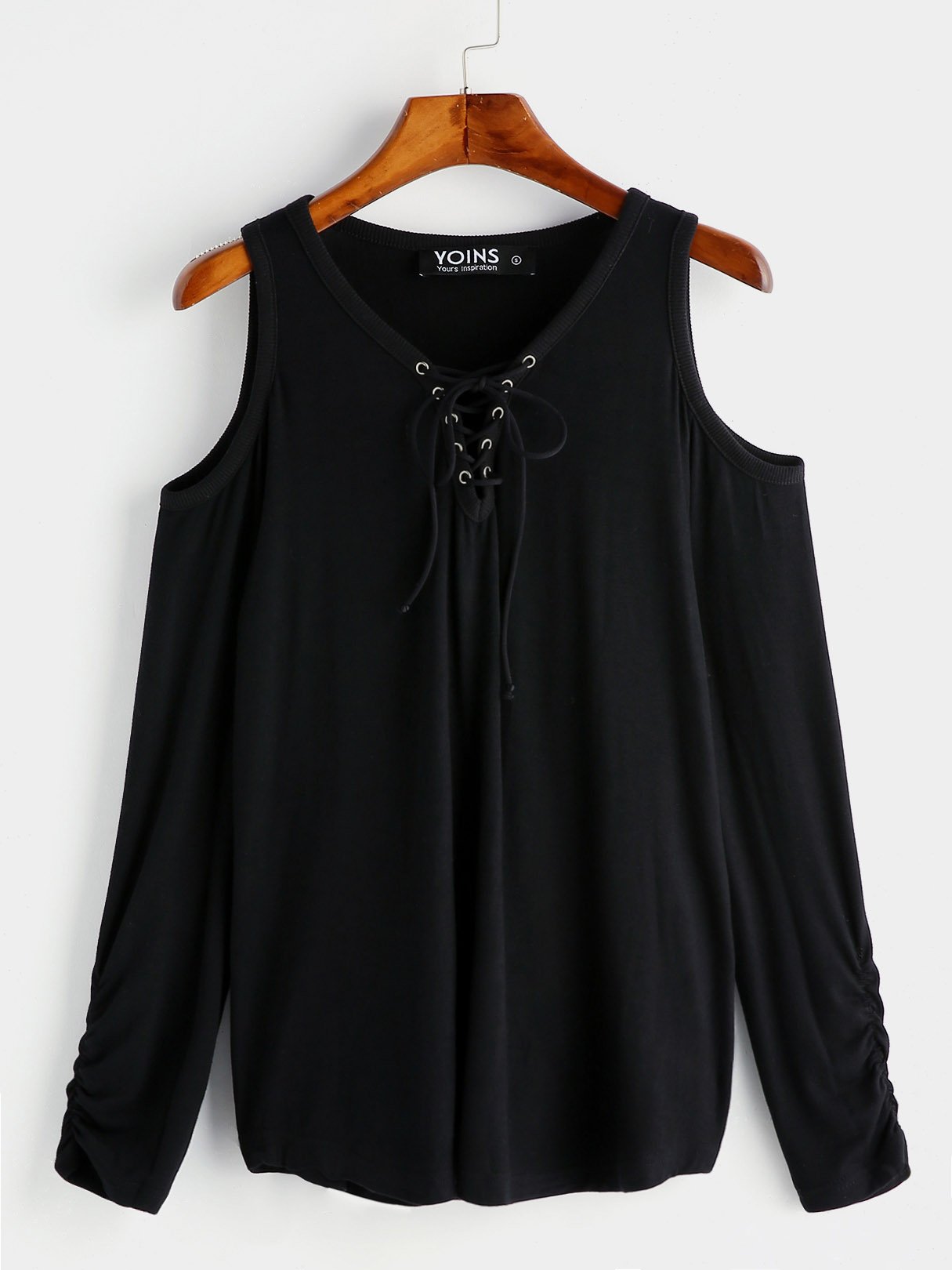Wholesale Round Neck Cold Shoulder Plain Lace-Up Long Sleeve Black T-Shirts