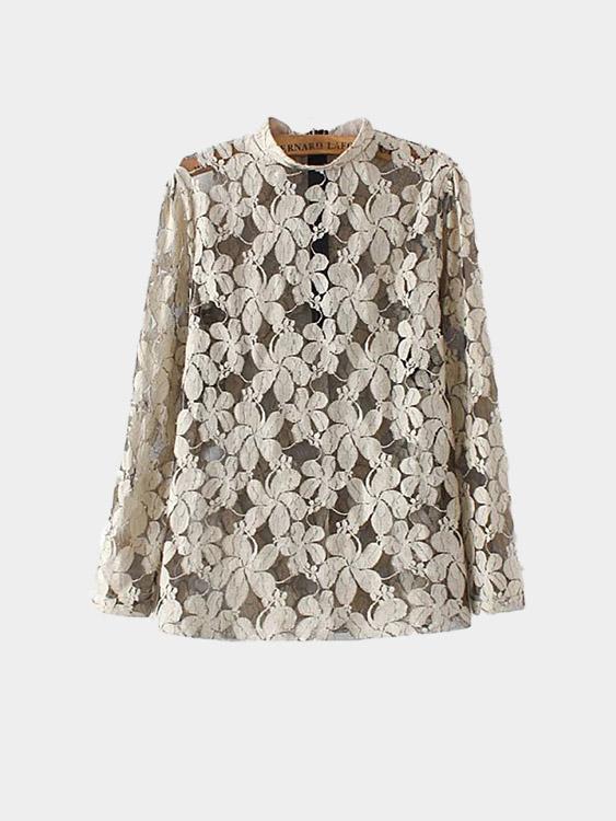 Wholesale Crew Neck Lace Long Sleeve Beige Blouses