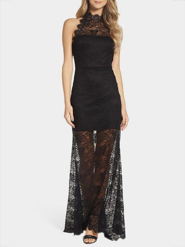 Wholesale Black Halter Sleeveless Sheer Plain Lace Backless Sexy Dress
