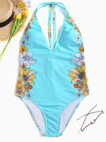 Wholesale Deep V Neck Sleeveless Floral Print One-Pieces Swimsuits