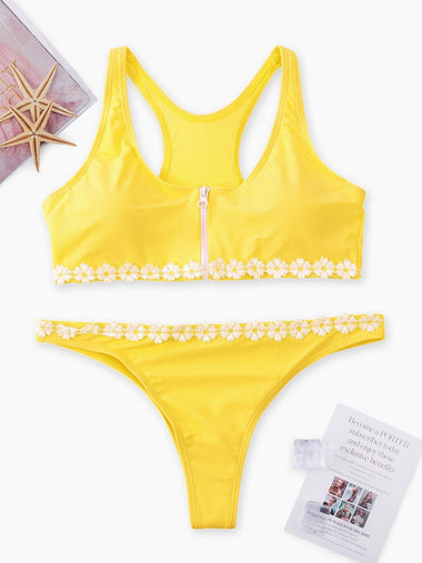 Wholesale Scoop Neck Plain Lace Sleeveless Yellow Bikini Set