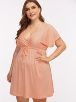Wholesale V-Neck Plain Short Sleeve Flounced Hem Light Pink Plus Size Dresses