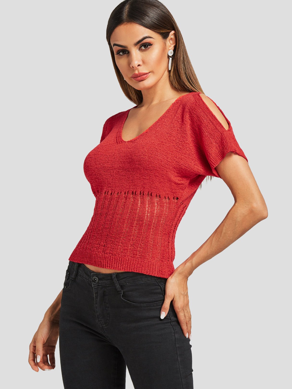 Wholesale Cold Shoulder Random Ripped Cut Out Short Sleeve Red Top