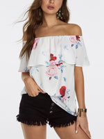 Wholesale Off The Shoulder Floral Print Tiered Short Sleeve White Blouses