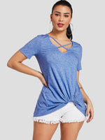 Wholesale Crossed Collar Twist Short Sleeve Blue T-Shirts