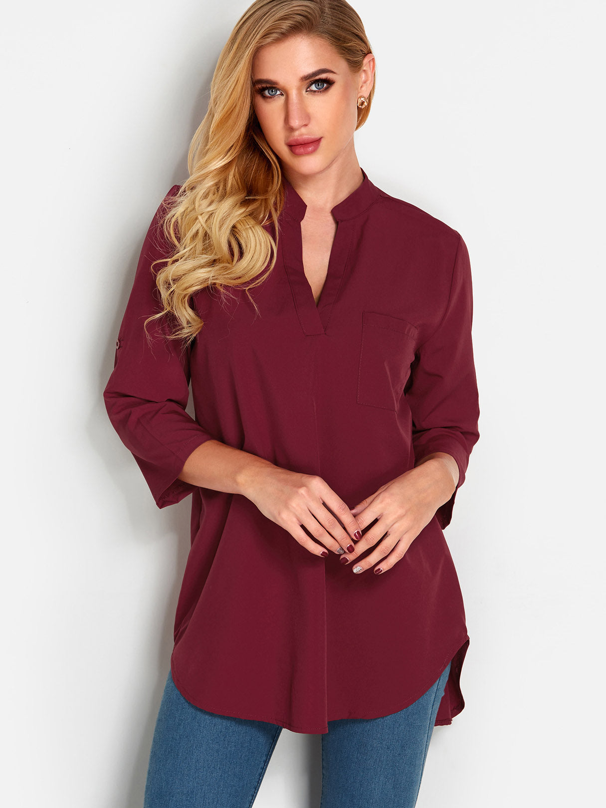 Wholesale V-Neck 3/4 Sleeve Irregular Hem Burgundy T-Shirts
