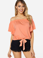 Wholesale Off The Shoulder Plain Short Sleeve Orange T-Shirts