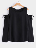 Wholesale Plain Lace-Up Cut Out Long Sleeve Black Top