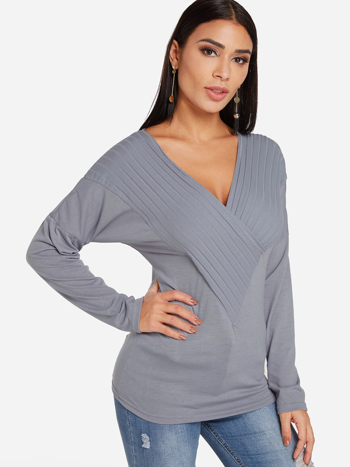 Wholesale Deep V Neck Plain Crossed Front Long Sleeve Grey T-Shirts