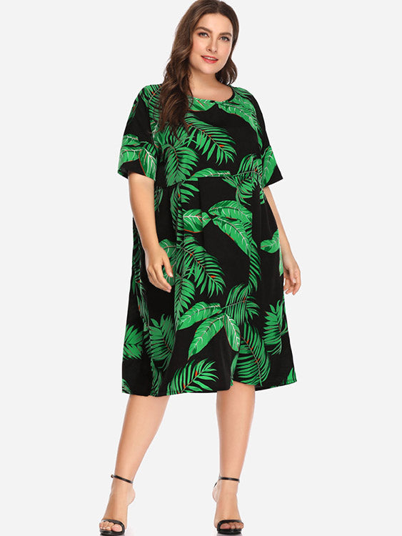 Wholesale Round Neck Floral Print Half Sleeve Black Plus Size Dresses