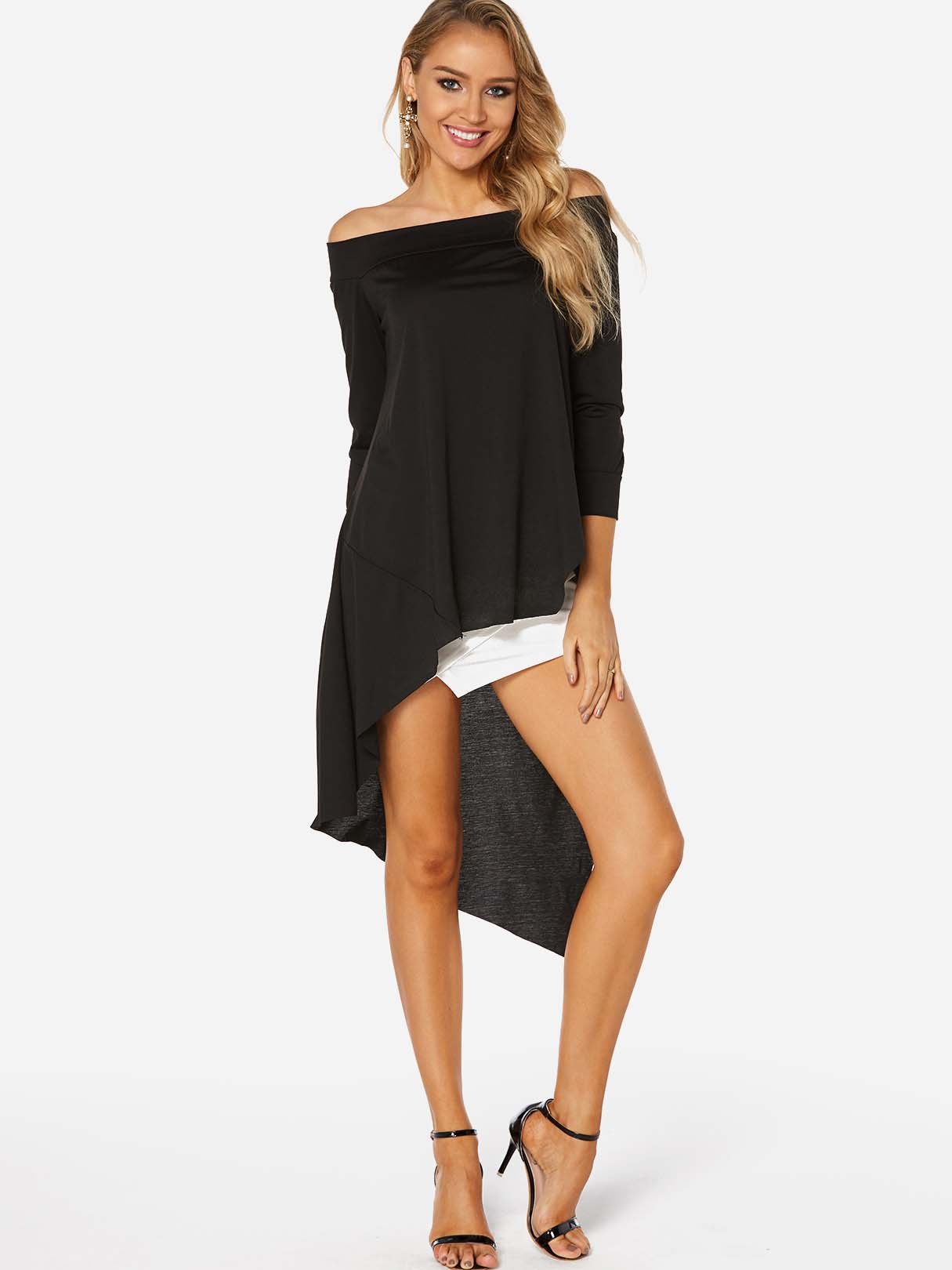 Wholesale Off The Shoulder Plain Long Sleeve Irregular Hem Black T-Shirts