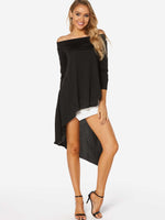 Wholesale Off The Shoulder Plain Long Sleeve Irregular Hem Black T-Shirts