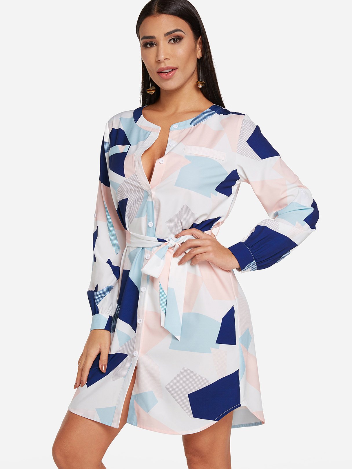 Wholesale White Long Sleeve Geometrical Self-Tie Shirt Dress
