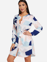 Wholesale White Long Sleeve Geometrical Self-Tie Shirt Dress