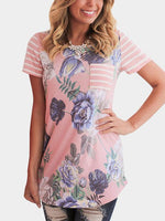 Wholesale Round Neck Stripe Floral Print Short Sleeve Pink T-Shirts