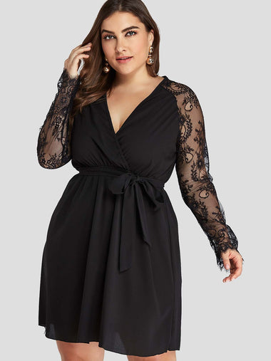 Wholesale V-Neck Plain Lace Self-Tie Long Sleeve Black Plus Size Dresses