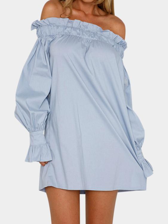 Wholesale Blue Off The Shoulder Long Sleeve Pleated Dress
