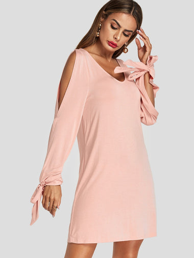 Wholesale V-Neck Long Sleeve Plain Cut Out Slit Dresses