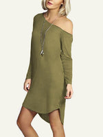 Wholesale Army Green One Shoulder Long Sleeve Plain Curved Hem Mini Dress