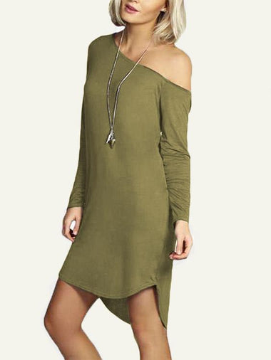 Wholesale Army Green One Shoulder Long Sleeve Plain Curved Hem Mini Dress