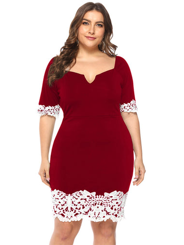 Wholesale V-Neck Plain Short Sleeve Burgundy Plus Size Dress