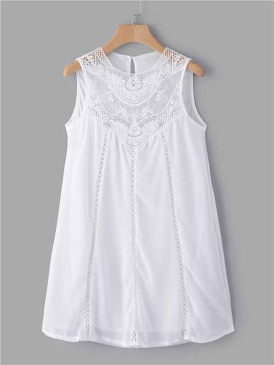 Wholesale White Crew Neck Sleeveless Lace Mini Dress