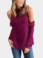 Wholesale Round Neck Cold Shoulder Plain Long Sleeve Burgundy Top