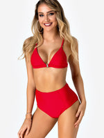 Wholesale Red V-Neck Sleeveless Plain Backless High Waist Two Piece Bikinis