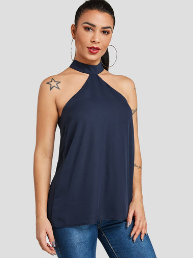 Wholesale Halter Plain Sleeveless Navy Tank Top