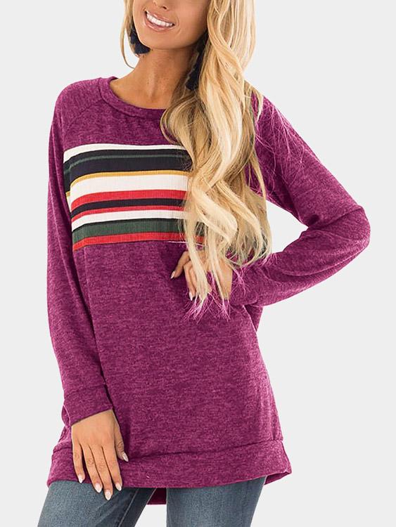 Wholesale Crew Neck Stripe Long Sleeve Burgundy T-Shirts