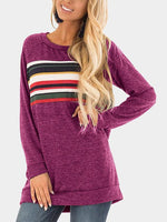 Wholesale Crew Neck Stripe Long Sleeve Burgundy T-Shirts