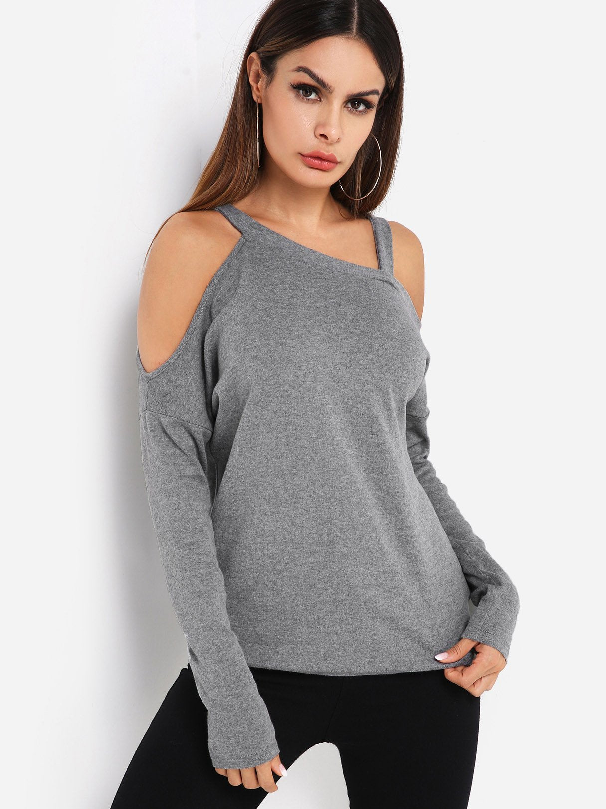 Wholesale One Shoulder Plain Long Sleeve Grey Top